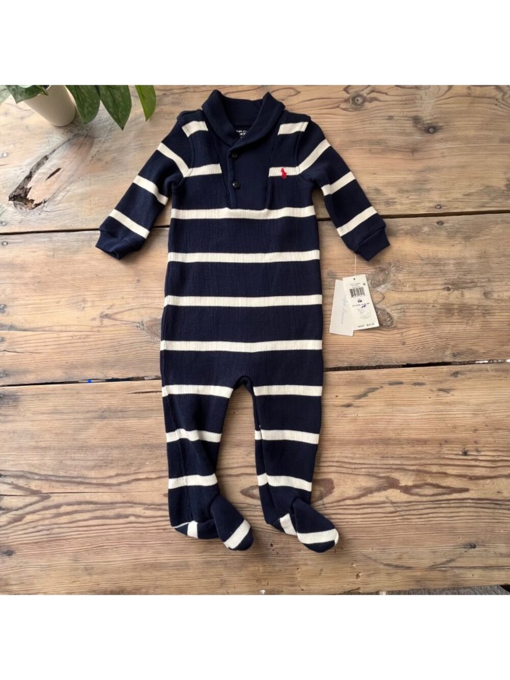 Ralph Lauren Shawl Collar Baby Coverall 9 Mos Rugby Navy Stripe French Rib